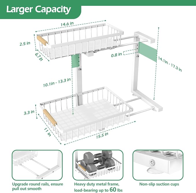 ADRIMER Under Sink Organizer 2 Packs, Pull Out Kitchen Sink Organizer, 2 Tier Slide Out Kitchen Organizers and Storage Bathroom Under Cabinet Storage Shelf, White