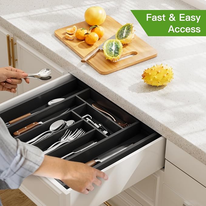 Pipishell Bamboo Expandable Drawer Organizer for Utensils Holder, Adjustable Cutlery Tray, Wood Drawer Dividers Organizer for Silverware, Flatware, Knives in Kitchen, Bedroom, Living Room(M-Black)