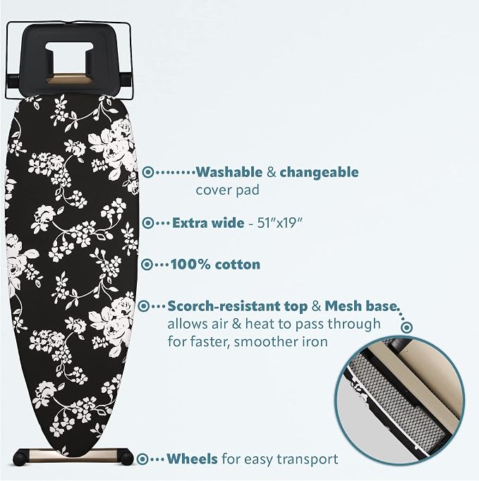 Bartnelli Pro Luxury Ironing Board - Extra Wide 51x19” with Heavy Duty Steam Iron Rest, and Wheels for Easy Storage, Adjustable Height, T-Leg, Foldable, European Made