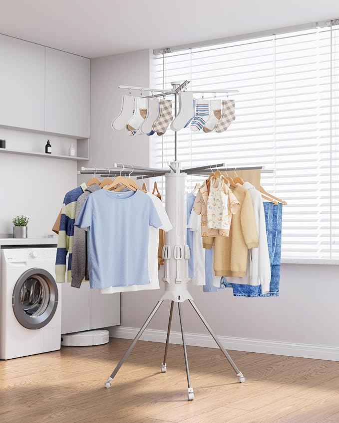 Sakugi Foldable Clothes Drying Rack – Collapsible Laundry Rack with 12 Steel Arms, 4-Leg Stable Base, Reinforced Frame with Clips & Shoe Holders for Indoor Outdoor Use, 44" D x 44" W x 71" H, White