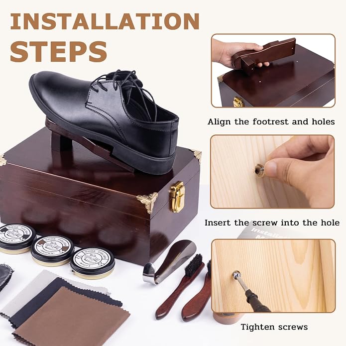 10 Pcs Deluxe Shoe Shine Box Set & Shoe Care Polish Kit with Foot Rest, Wooden Care Tools Storage Box Perfect for Multi- Leather Shoes
