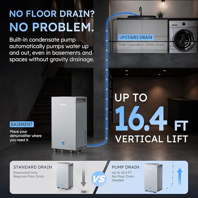 5000 Sq.Ft Dehumidifier with Pump, Up to 16.4 Ft Vertical Drainage, ENERGY STAR Most Efficient 2024, Max 100 Pint Moisture Removal, Smart Humidity Control for Basement, Home & Garage