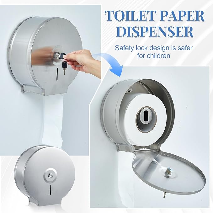 Mifoci 4 Pcs Industrial Toilet Paper Holder Commercial Roll Dispenser Wall Mount Stainless Steel Jumbo Tissue Dispenser Fits 9 Roll Toilet Paper for Office Home Public Places (Silver)