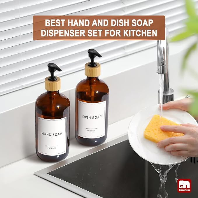 GMISUN Amber Glass Soap Dispenser, 2 Pack Bathroom Hand Soap Dispensers with Bamboo Pump, 17 Fl Oz Kitchen Hand and Dish Soap Dispenser Set, Modern Vintage Liquid Brown Soap Dispensers Bottle