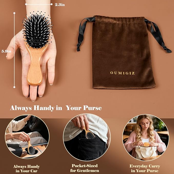 Mini Boar Bristle Hair Brush Since 1965 British Craftsmanship Handmade | Natural Wooden Small Hairbrush, Gentle Detangling Women Men Kids Curly Thick Fine Frizzy Hair, Smoothing Styling Brush