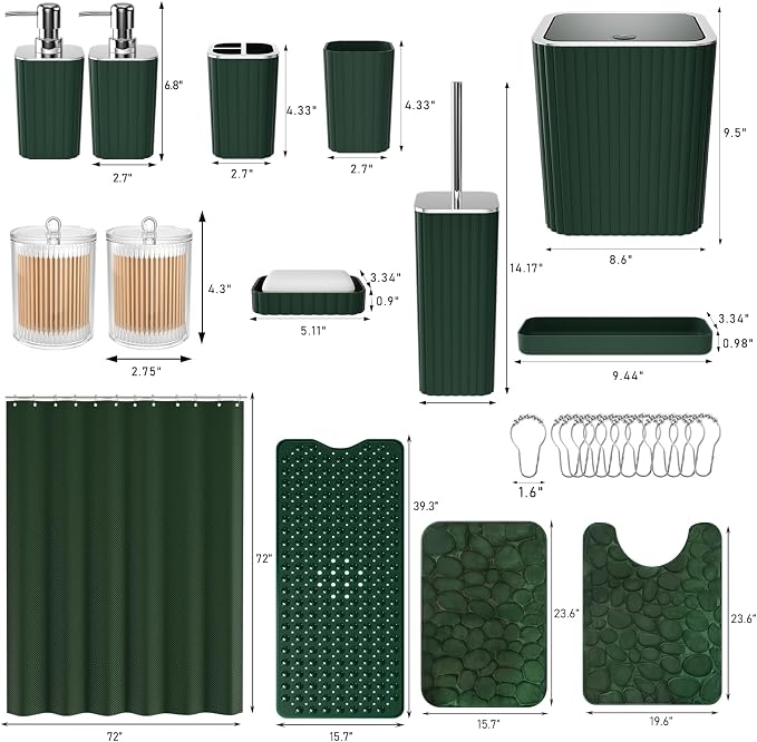XLHOMO 26PC Bathroom Accessories Set - Gorgeous Green Bathroom Set, Bathroom Accessory Set, Shower Curtain Set with Bathtub Mats for Shower Tub, Trash Can & Soap Dispenser