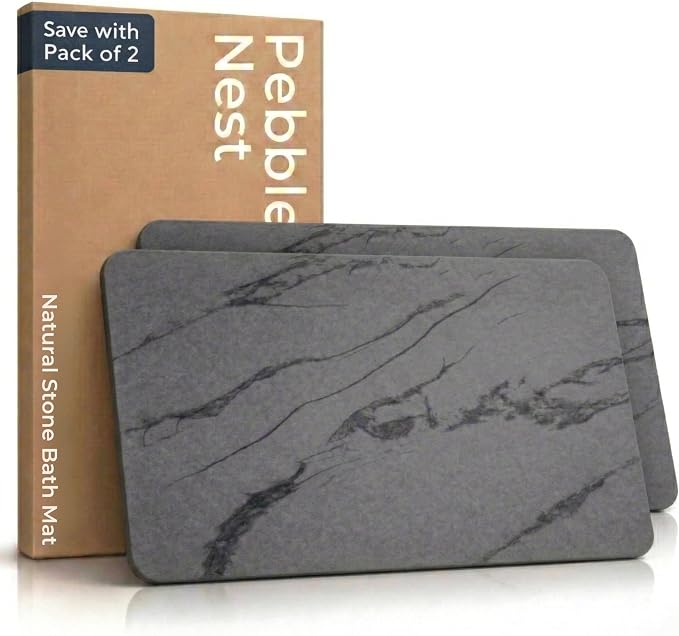 Stone Bath Mat – Diatomaceous Earth Quick Drying Non-Slip Bathroom Mat – Absorbent Diatomite Shower Mat, Durable & Easy to Clean, Modern, 23.6" x 15.3" (2 Pack Charcoal Black - Marble)
