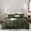 Linen Feel Duvet Cover Super King Size 108inch x 98inch,100% Washed Cotton Duvet Cover with Zipper Closure and 2 Pillowcases, Color of Olive Green