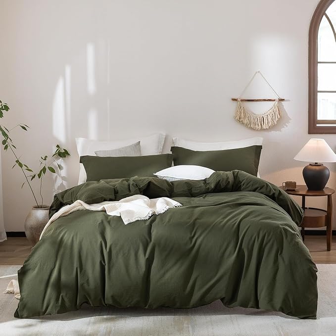 Olive Green Duvet Cover King Size, 100% Washed Cotton Bedding Set Cover 1 Duvet Cover 104inch x 90inch with Zipper Closure and 2 Pillowcases, Olive Green