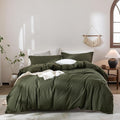 Linen Feel Duvet Cover Oversized King Size 120inch x 98inch,100% Washed Cotton Duvet Cover with Zipper Closure and 2 Pillowcases, Color of Olive Green