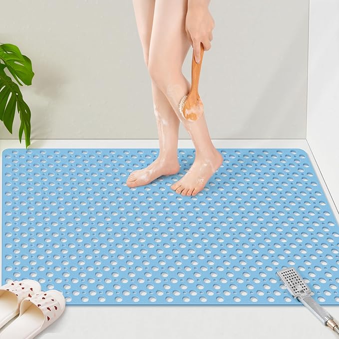 OTHWAY Large Shower Mat, 47"x 32" TPE Anti Slip Shower Mat, Heavy Bath Mats for Shower with Drain Holes Suction Cups, Shower Stall Mat for Bathroom, No Odor Shower Grip Mat for Elderly Kids(L-Blue)