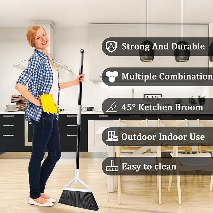 Heavy Duty Angle Broom 2 Pack - White Broom for Outdoor & Indoor, Garage, Driveway, Sidewalk, Kitchen & More, Long Handle