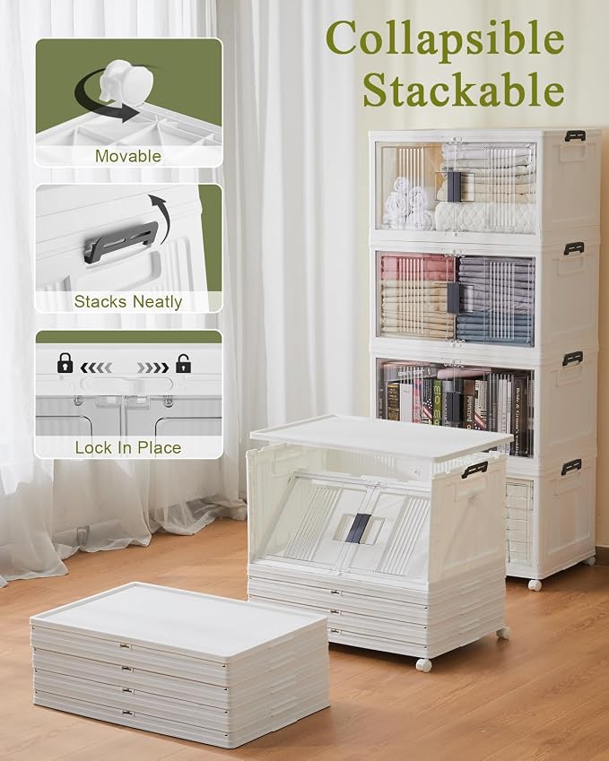 OlarHike 76QT Lockable Storage Bins with Lids - Folding Storage Box with Doors & Wheels, Collapsible Drawers for Home, Dorm, Closets, Office, School, College, Stackable Containers, 4 Pack Cubes