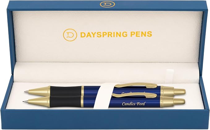 Dayspring Pens Monroe Blue Ballpoint Pen and Pencil Set, Gold Accents, Custom Engraved — Graduation, Promotion, Anniversary, or New Job Gift