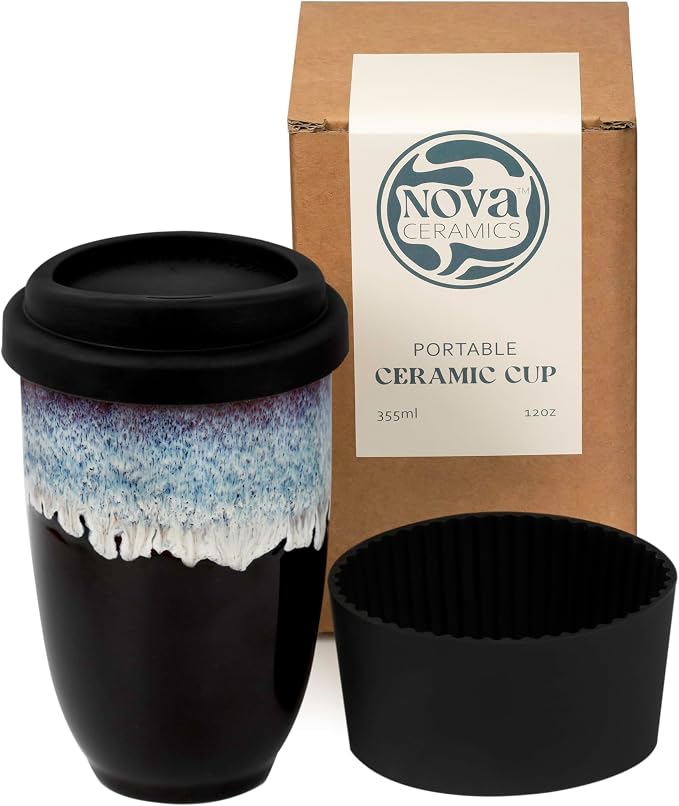 NOVA CERAMICS 12oz Travel Coffee Mug - Unique Microwave & Dishwasher Safe Tumbler With Lid - Gifts For Women & Men
