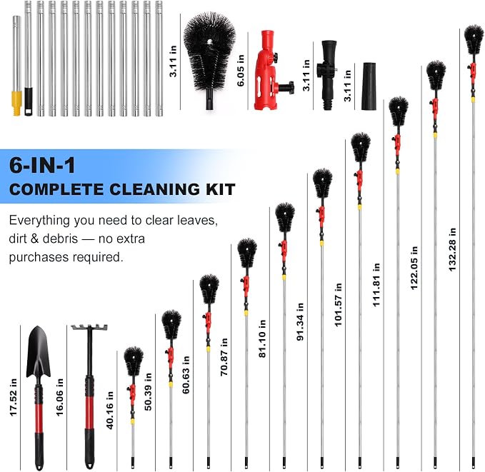 13FT Gutter Cleaning Tools from Ground, 6-in-1 Brush & Rake Kit | No Climbing Needed. Dual Universal Clamps for Any Angle. 13FT Extension Poles. Gutter Cleaner Tool with Scoop, Rake & Brush.