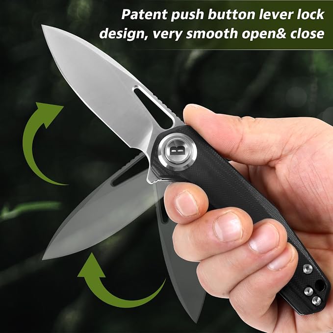 Pocket Folding Knife,3.15" D2 Steel Blade,Black G10 Handle,Push Button Lever Lock,Pocket Knife with Pocket Clip for Outdoor,Survival,EDC