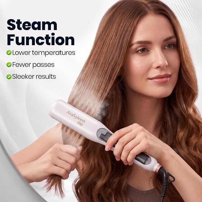 Steam Straightener Brush for Women Long Wavy Frizzy Hair, White | Dense ceramic bristles One pass straight 320-400℉ Anti-scald 5 temperature settings Dual voltage