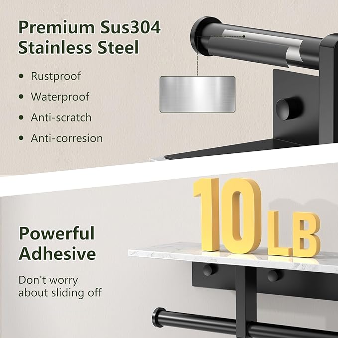 Marble Toilet Paper Holder with Shelf,Doulble Bathroom Tissue Roll Holder,304 Stainless Steel Toilet Paper Holder Wall Mounted,Modern Tissue Holder for Bathroom Washroom,Matte Black