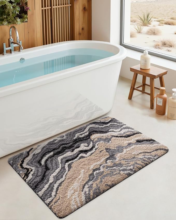 DEXI Bathroom Rug Mat 30x17, Soft and Absorbent Marble Bath Mat, Non Slip Machine Washable Bath Rugs for Shower Floor, Tub, Sink, Grey and Beige