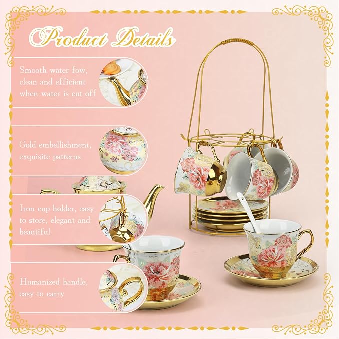 20 Pcs Porcelain Tea Set with Metal Holder and Spoon, European Ceramic Tea Set for Adults, European Flower Painting Teapot Cup Saucer Spoon Set for 6, Gift Pack (Pink and Gold)