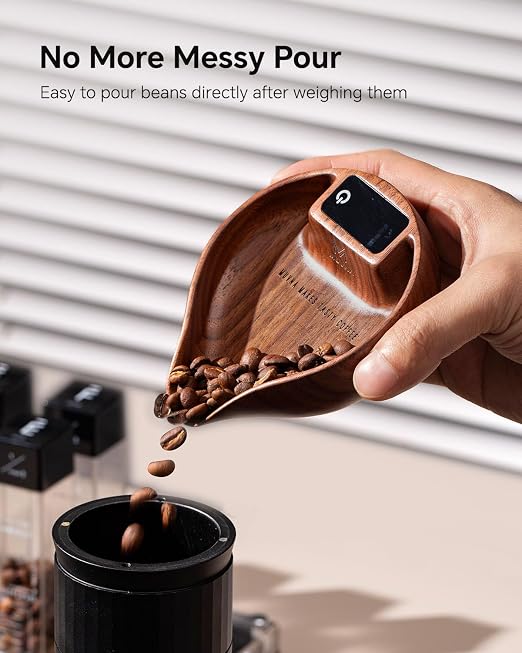 Walnut Coffee Bean Scale & Spoon - Easy Measuring/Dosing Scale Cup with LED Display for Kitchen Weighing, Espresso, Tea, Coffee Lover Gifts
