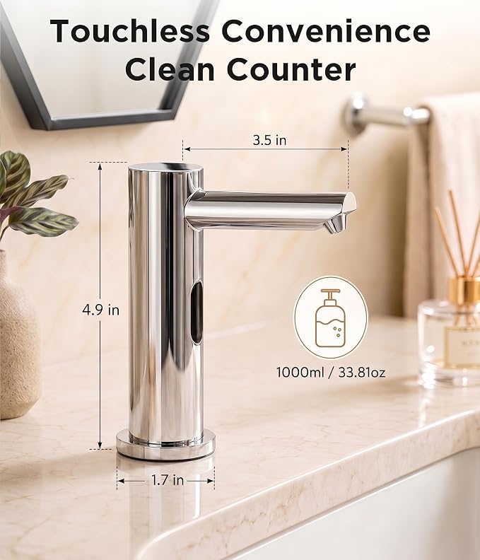 Automatic Touchless Soap Dispenser for Kitchen Sink, 33.81 oz Bottle | Built-In Electric Dish Liquid Soap Dispenser with Infrared Sensor, Plug-In Powered, Fits 1" Hole For Kitchen Bathroom