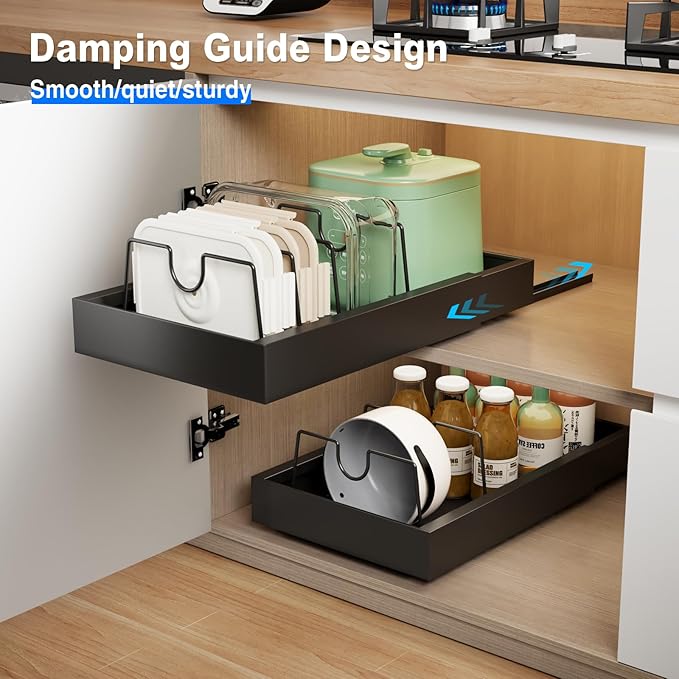 Mustorn 2 Pack Pull Out Cabinet Organizer with 8 Dividers,21.8" Deep Slide Out Drawers for Cabinets Adhesive Pull Out Drawers Heavy Duty Pull Out Shelves for Kitchen, Cupboard, Pantry, Bathroom-Black