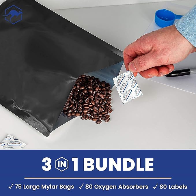 Wallaby 75 Count 1-Gallon Mylar Bags with 400cc Oxygen Absorbers, 10 Mil Total Thickness Long-Term Food Storage Pouches, 10x14 Heat-Sealable Airtight Packaging - Matte Black