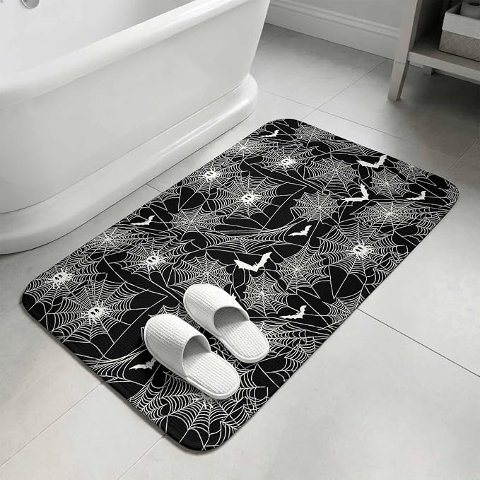 Halloween Bathroom Rugs Non Slip Washable Bath Mat Absorbent Low Pile Front Door Mat Black Scary White Bat Animal Net Geometric Indoor Doormat for Kitchen Entryway Shower Decor Accessories 19.7"x31.5"