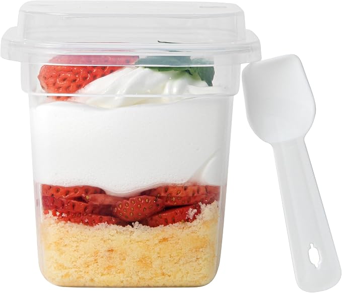 Restaurantware-Mini Serve 6.7 Ounce Dessert Cups With Lids And Spoons, 25 Disposable Serving Cups - Durable, Stackable, Clear Plastic Parfait Containers, For Dessert Take Out And Delivery Orders