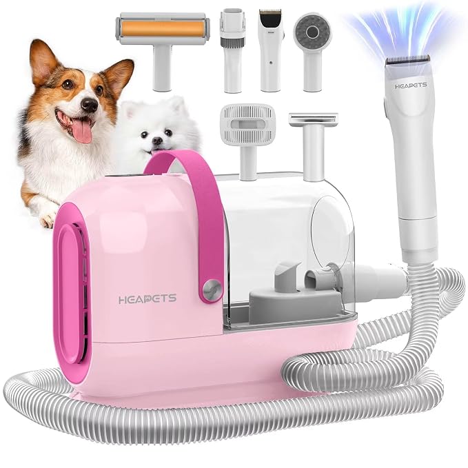 HEAPETS Dog Grooming Vacuum Kit - 3L Vacuum with 7 Tools, Low Noise Electric Clipper and Brush for Pet Shedding at Home, Pink