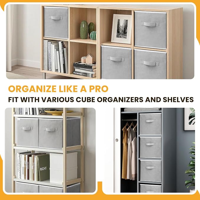 Large Storage Cubes, 13 Inch Cube Storage Bins for Shelves Closet Nursery Bedroom - 10 Pack Collapsible Storage Baskets with Handles - Fabric Bins for Organizing Magazines Clothes Toys (Grey)