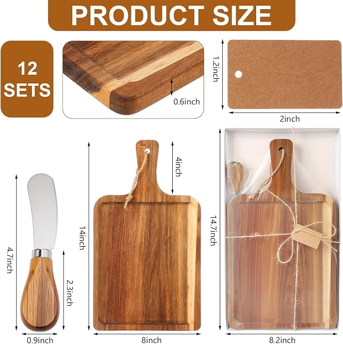 Geetery 12 Set Acacia Wood Charcuterie Board with Knife Wooden Serving Tray with Groove Acacia Wood Cutting Board with Gift Box and Card for Wedding Baby Shower Housewarming Gift (14 x 8 Inches)