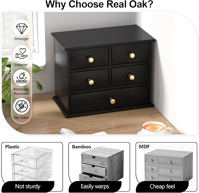 Oak Desk Organizer with Drawers, Durable Wooden Desktop Storage Box with Metal Handles & Non-Slip Silicone Pads, 5 Drawer Tabletop Organizer for Office, Bedroom, Bathroom, Vanity, and Makeup – Black