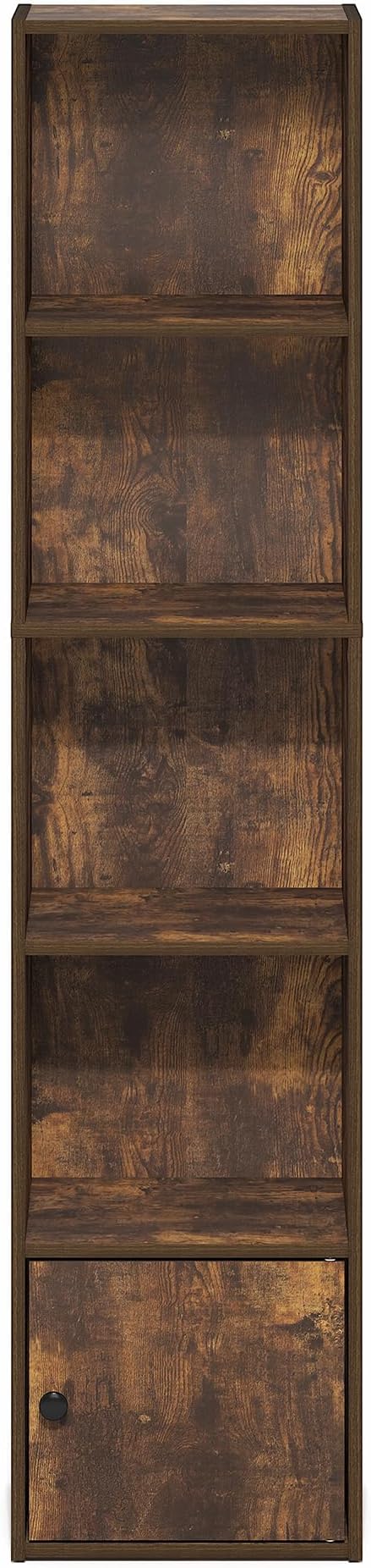 Furinno LUDER Book Shelf, 5-Tier Bookshelf with Open Shelf, Standing Bookcase with 1 Door Cabinet, 9.3 x 12 x 52, for Organization and Storage, for Living Room, Bedroom, Home Office, Amber Pine