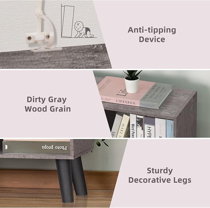 LEYAOYAO 8 Cube Bookshelf,Mid-Century Modern Bookcase with Legs,Dirty Grey | 3 Tier Book Shelf,Rustic Wood Bookshelves Freestanding Large Storage Organizer, Open Shelves for Bedroom, Living Room, Office