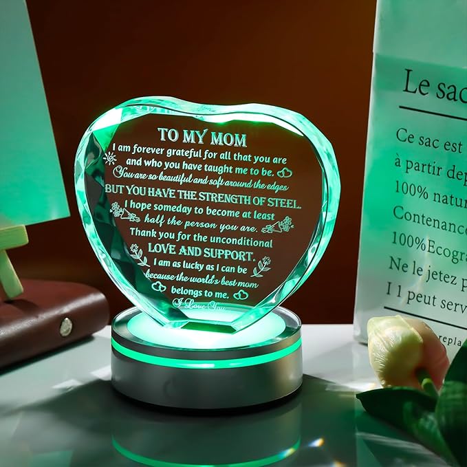 Movdyka Gifts for Mom, Mothers Day Birthday Gifts Crystal Keepsake Mom Gifts from Son Daughter Best Valentines Day Ideas to My Mom Glass Decor Plaque, Clear