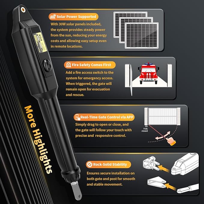 TOPENS XD851S Smart Gate Opener for Heavy Duty Solar Single Swing Gates Up to 18ft, Automatic Gate Opener with App Control AC Powered with Remote Control Kit Solar Panel Included