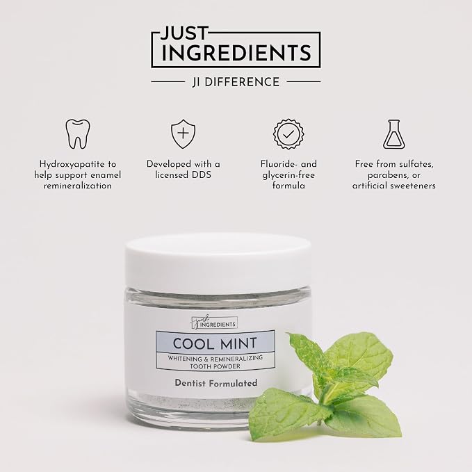 JUST INGREDIENTS Remineralizing Tooth Powder - Fluoride-Free - 1 oz | Calcium Carbonate, Bentonite Clay, Baking Soda, Vegan, Non-GMO, No SLS Or Triclosan, 900 Day Shelf Life, Stain Removal