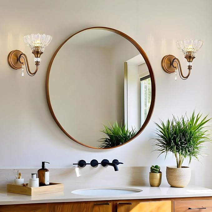 1 Piece Vintage Wall Sconce, 1-Light Matte Antique Brass Finish Wall Sconce with Hanging Crystal Accents and Flower-Shaped Clear Shades for Bathroom Bedroom Living Room,Vintage Vanity Light
