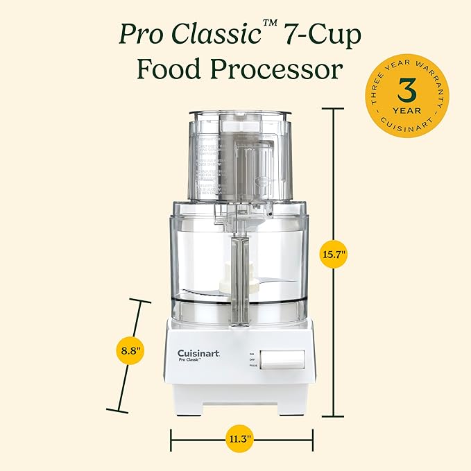 Cuisinart 7-Cup Pro Classic Food Processor, 600-Watt Motor, Vegetable Chopper & Blender for Mincing, Dicing, Shredding, Puree & Kneading Dough, DLC-10SYP1, White | 600W Motor, Extra-Large Feed Tube, 4mm Stainless Slicing and Shredding Discs, Chopping B...