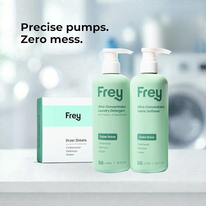 FREY The Complete Package - Concentrated Liquid Laundry Detergent, Fabric Softener, & Dryer Sheets (Cedar Grove)
