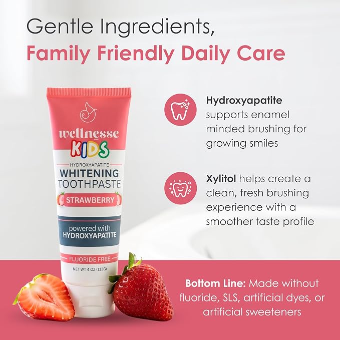Hydroxyapatite Toothpaste, Whitening, Fluoride Free, Strawberry 4 Oz 3-Pack | Wellnesse Kids, Toddlers or Children, SLS Free, Xylitol Formula, Gentle Enamel Care, Fresh Breath and Daily Brushing Habits