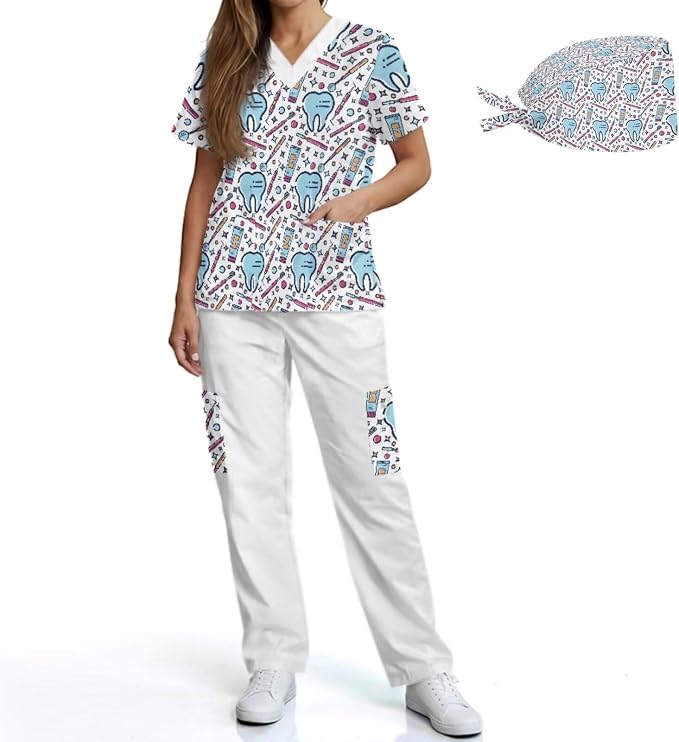 Gomyblomy Women's Scrubs Suit 3-Piece Set | Teeth Print V-Neck Top & Pants & Cap, Breathable and Stretch Fabric, S-5XL