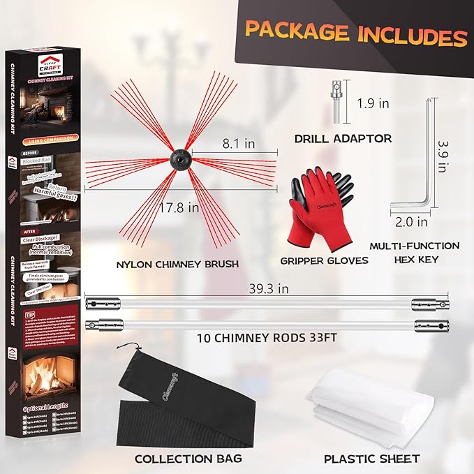 Chimney Sweep Kit - 33 Feet, Chimney Cleaning Tool with 10 Nylon Flexible Rods, Brush & Drill-Driven Rotary System