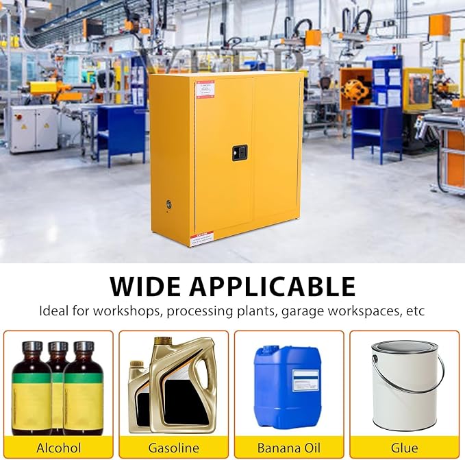 Flammable Storage Cabinet 43" x 18" x 44", 30 Gallon Galvanized Steel Flammable Liquid Storage Locker with Adjustable Shelves & Manual-Close Doors, OSHA Compliant Hazardous Material Cabinet, Yellow