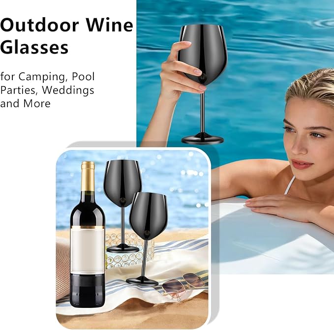 UNISWEET Unbreakable Stainless Steel Wine Glasses Set of 4, Mirror Black | 17oz Unique Fancy Metal Wine Goblets, Shatterproof, Ideal for Outdoor, Camping, Travel, Pool, Great Gift for Wine Lovers