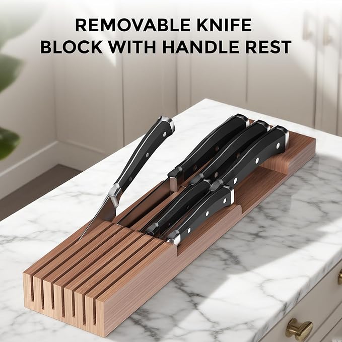 TIOPGHAD Bamboo-Silverware-Drawer-Organizer-Kitchen, Expandable Utensil Holder Cutlery Tray Flatware Organization Adjustable Wood Tableware Dividers Storage (with Removable Knife Block)(Brown)