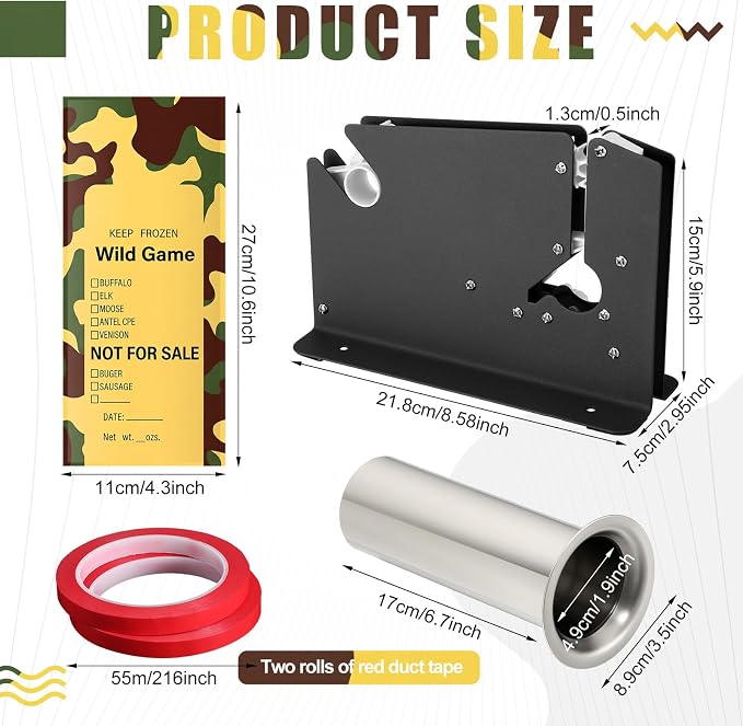 Funnymoom Meat Packaging Kit 500 Pcs Wild Game Freezer Bags, Steel Tape Sealer, 2 Rolls Sealing Tape, Stainless Steel Filling Tube for Meat Grinder Processing Supplies for Hunter Butcher (Camouflage)